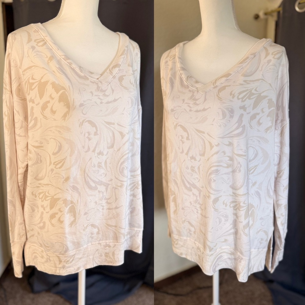 Athleta Mindset V-Neck Sweatshirt‎ Large Beige Marble Swirl Fleece Thumbhole